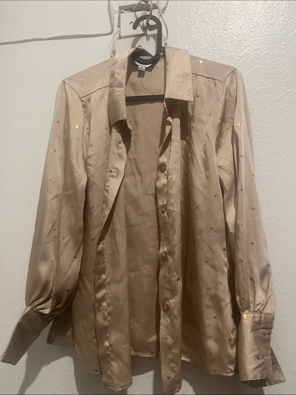 Silky Beige Button-Down Shirt with Gold Triangle Accents